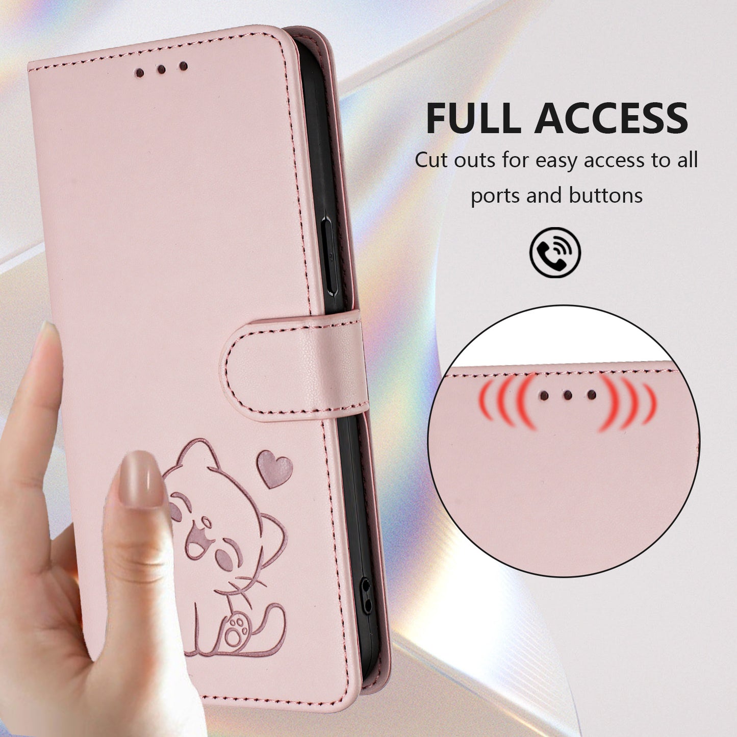 For iPhone 17 Pro Max Wallet Case with Wrist Strap Love Cat Pattern Imprint Leather Phone Cover - Pink