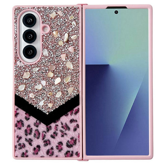 For Samsung Galaxy Z Fold7 5G Case Stone Decor Glitter Leopard Splicing Plush PC Phone Cover - Pink