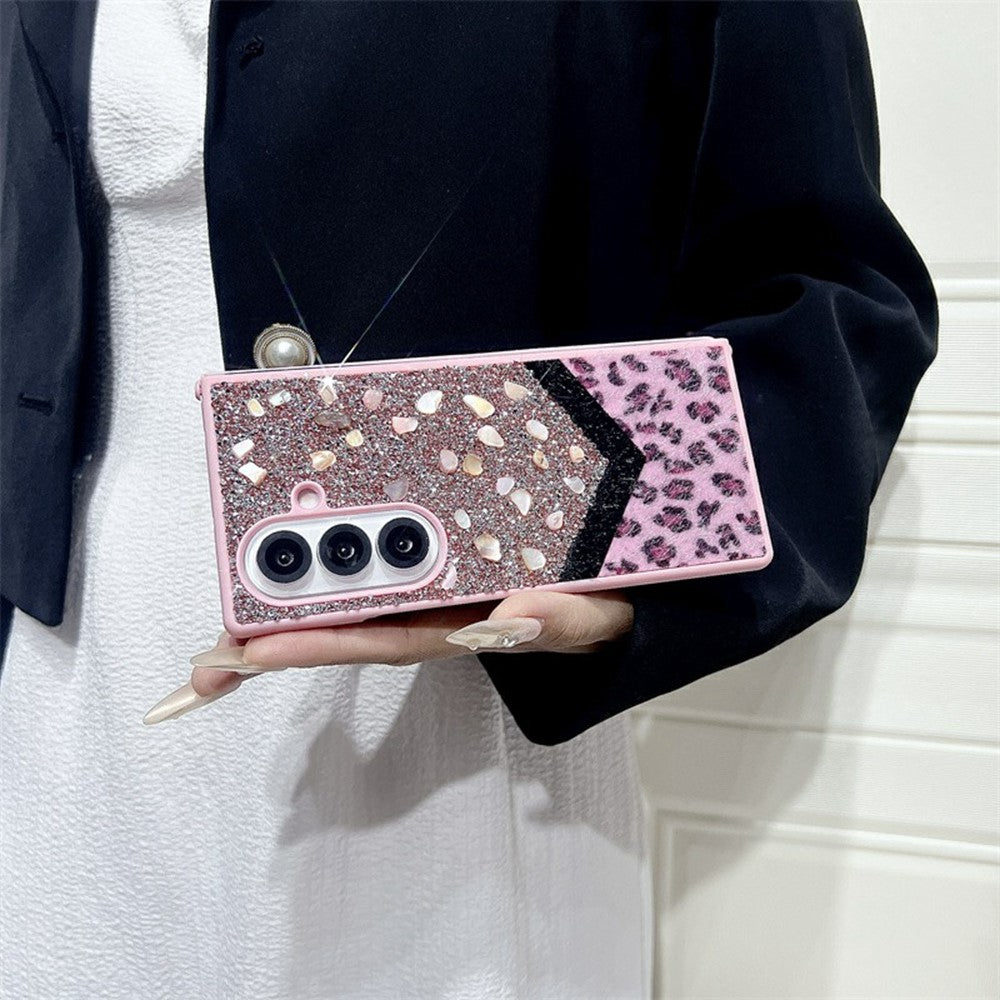 For Samsung Galaxy Z Fold7 5G Case Stone Decor Glitter Leopard Splicing Plush PC Phone Cover - Pink
