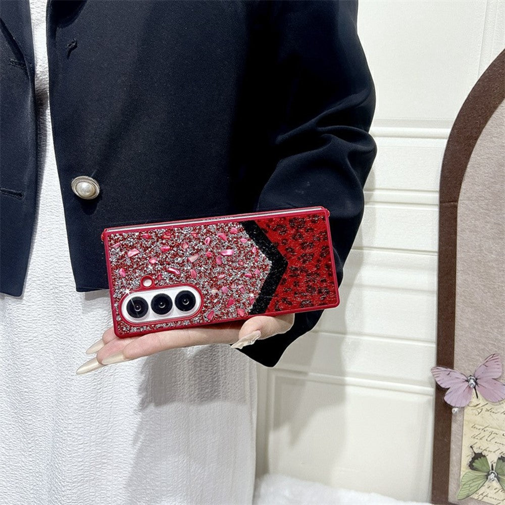 For Samsung Galaxy Z Fold7 5G Case Stone Decor Glitter Leopard Splicing Plush PC Phone Cover - Red
