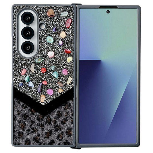 For Samsung Galaxy Z Fold7 5G Case Stone Decor Glitter Leopard Splicing Plush PC Phone Cover - Grey