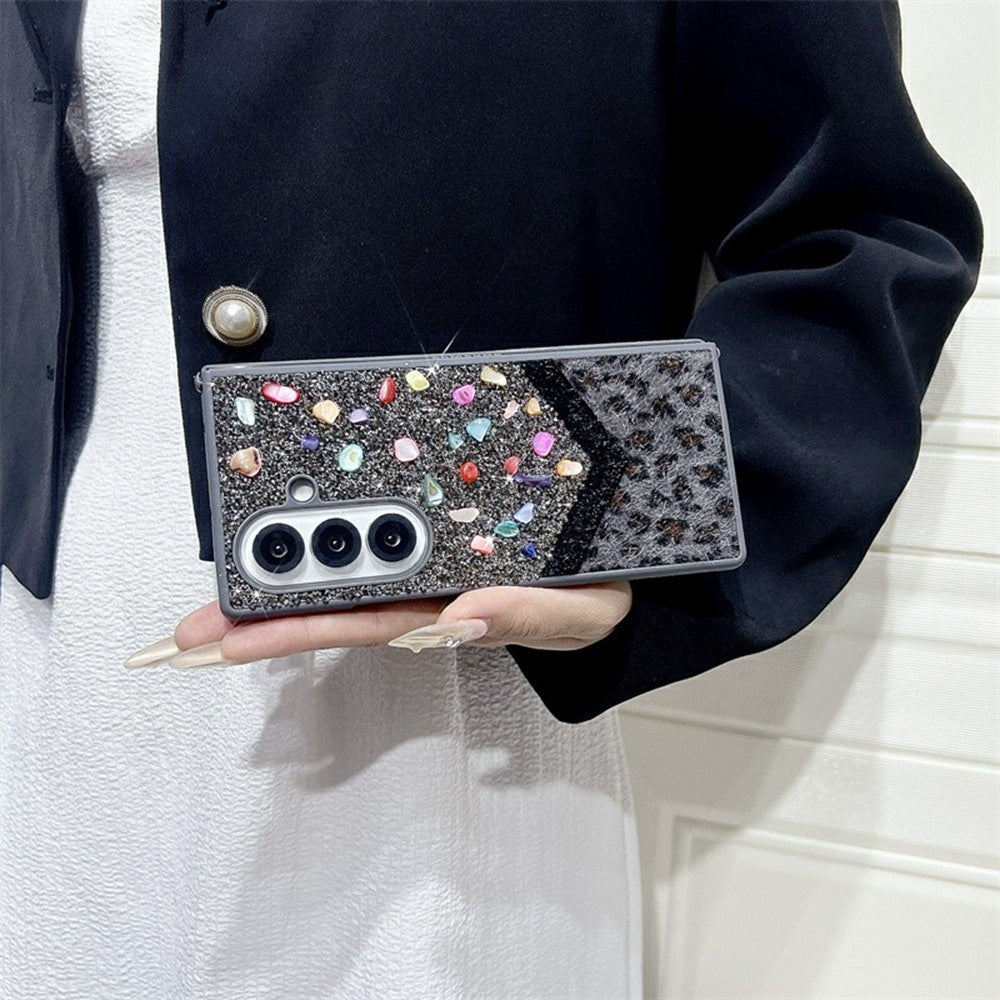 For Samsung Galaxy Z Fold7 5G Case Stone Decor Glitter Leopard Splicing Plush PC Phone Cover - Grey