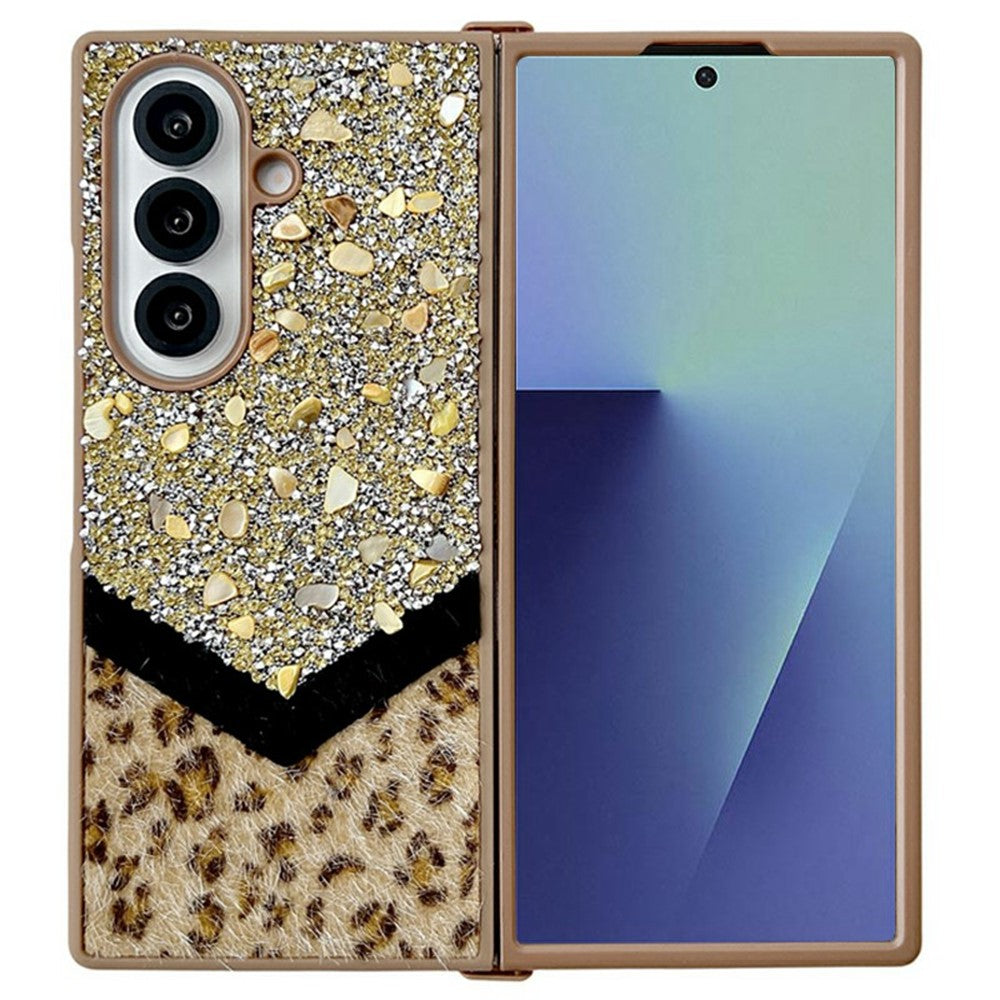 For Samsung Galaxy Z Fold7 5G Case Stone Decor Glitter Leopard Splicing Plush PC Phone Cover - Gold