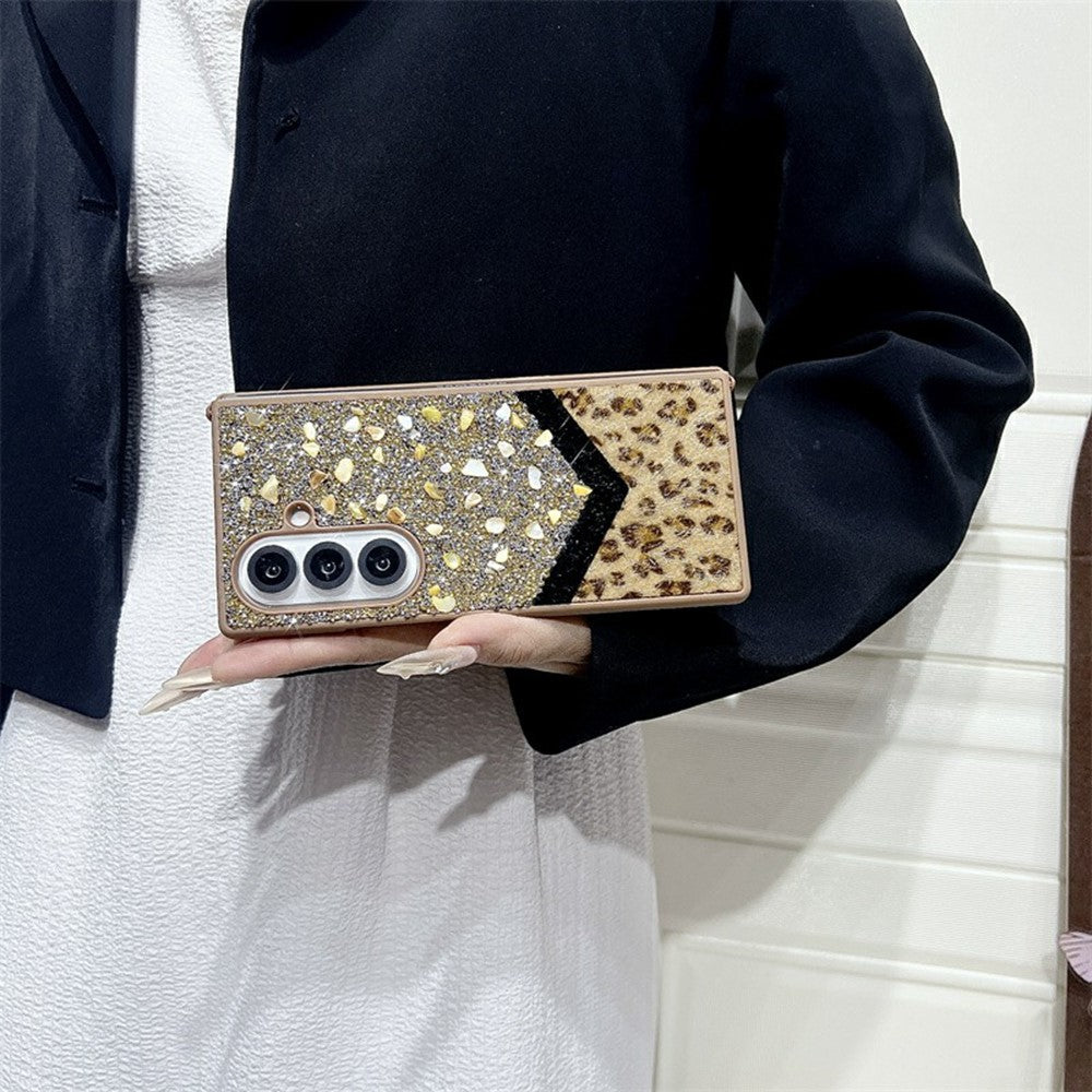 For Samsung Galaxy Z Fold7 5G Case Stone Decor Glitter Leopard Splicing Plush PC Phone Cover - Gold