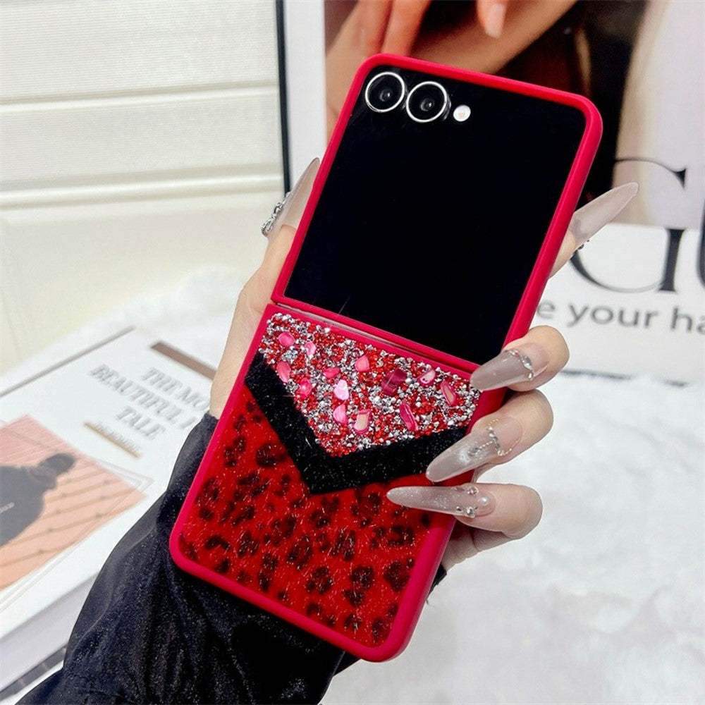 For Samsung Galaxy Z Flip7 5G Case Stone Decor Glitter Leopard Splicing Plush PC Phone Cover - Red