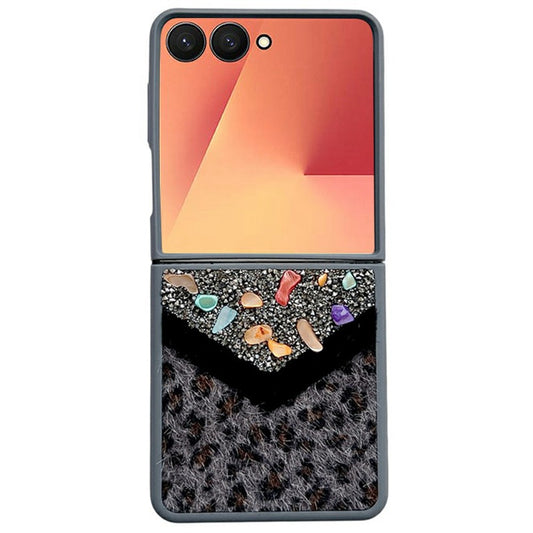 For Samsung Galaxy Z Flip7 5G Case Stone Decor Glitter Leopard Splicing Plush PC Phone Cover - Grey