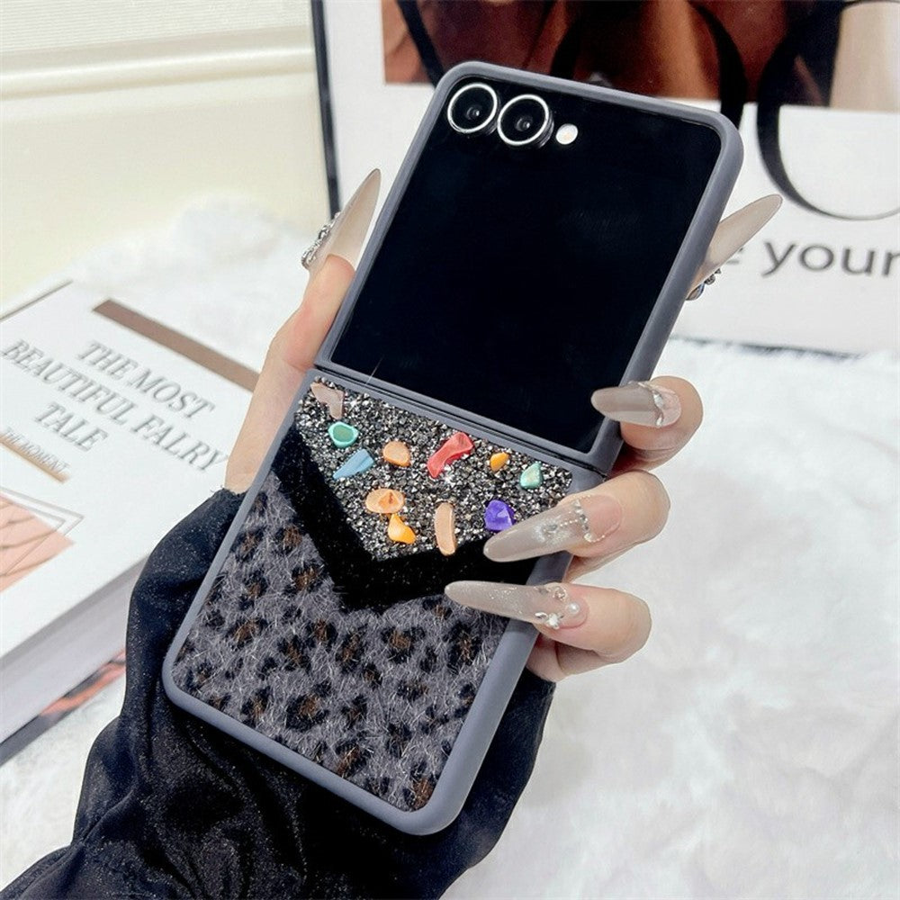 For Samsung Galaxy Z Flip7 5G Case Stone Decor Glitter Leopard Splicing Plush PC Phone Cover - Grey