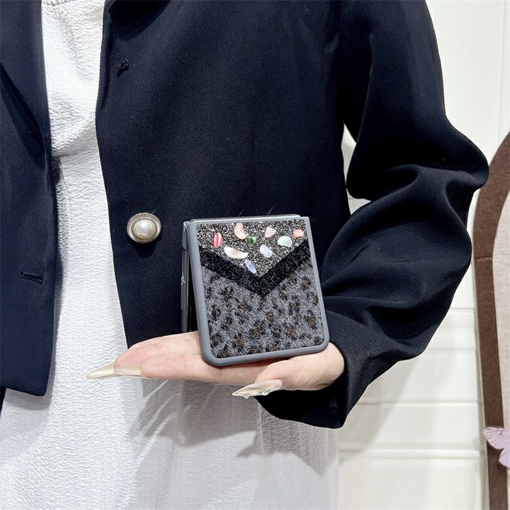 For Samsung Galaxy Z Flip7 5G Case Stone Decor Glitter Leopard Splicing Plush PC Phone Cover - Grey