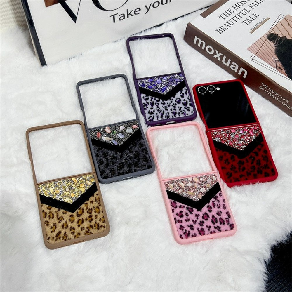 For Samsung Galaxy Z Flip7 5G Case Stone Decor Glitter Leopard Splicing Plush PC Phone Cover - Grey