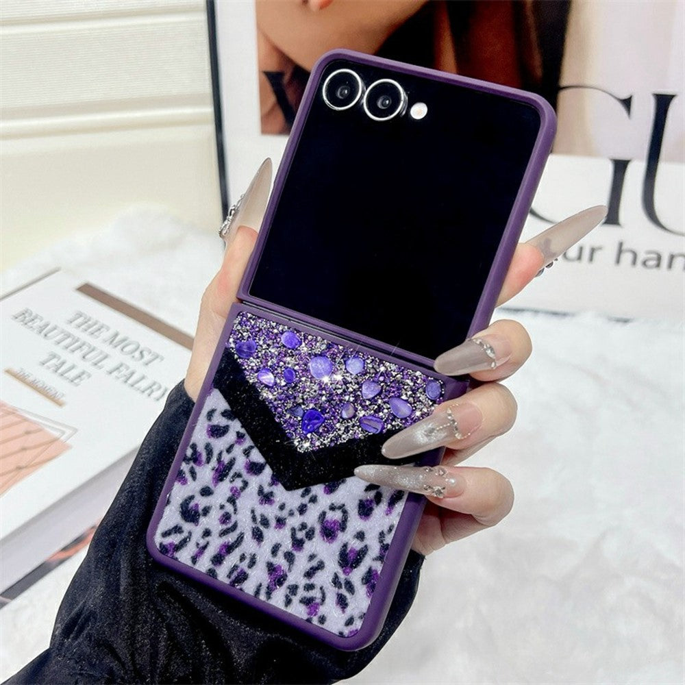 For Samsung Galaxy Z Flip7 5G Case Stone Decor Glitter Leopard Splicing Plush PC Phone Cover - Purple