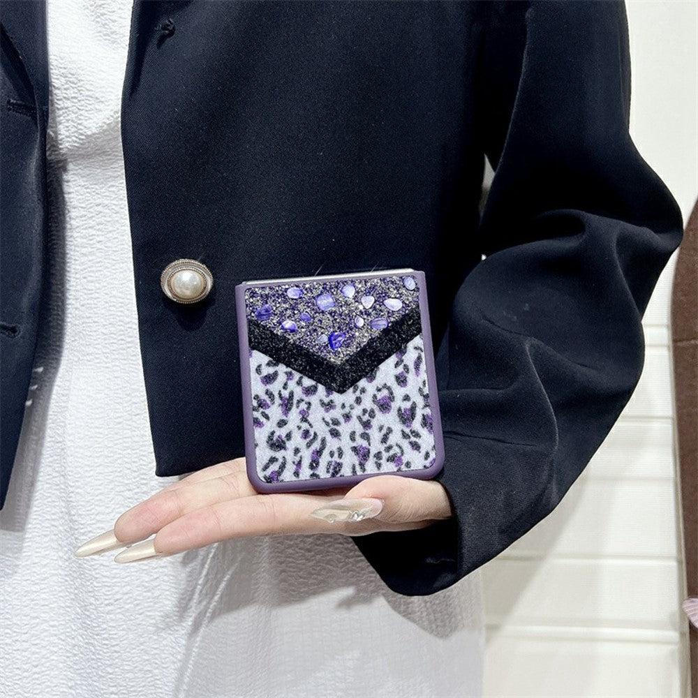 For Samsung Galaxy Z Flip7 5G Case Stone Decor Glitter Leopard Splicing Plush PC Phone Cover - Purple