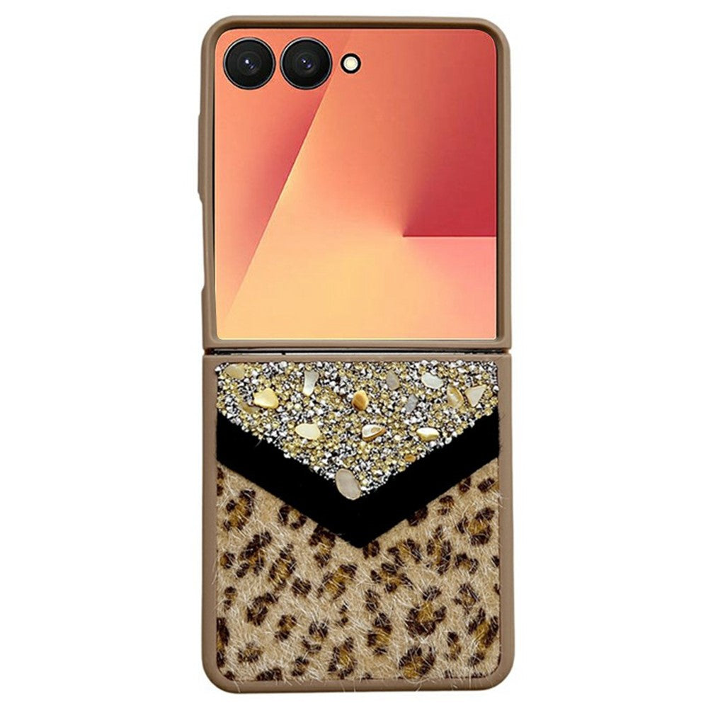 For Samsung Galaxy Z Flip7 5G Case Stone Decor Glitter Leopard Splicing Plush PC Phone Cover - Gold