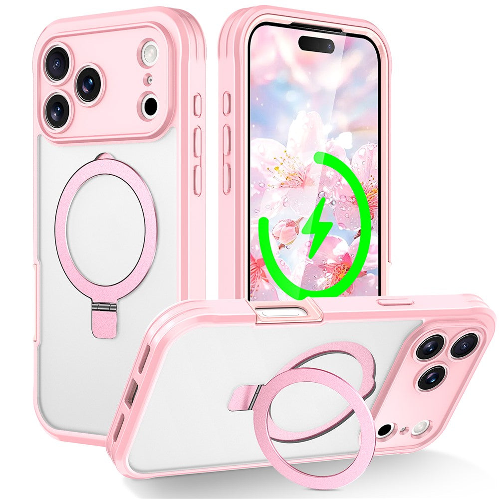 For iPhone 17 Pro Max Case Skin Touch Solid Color TPU + PC Phone Cover with Magnetic Kickstand - Pink