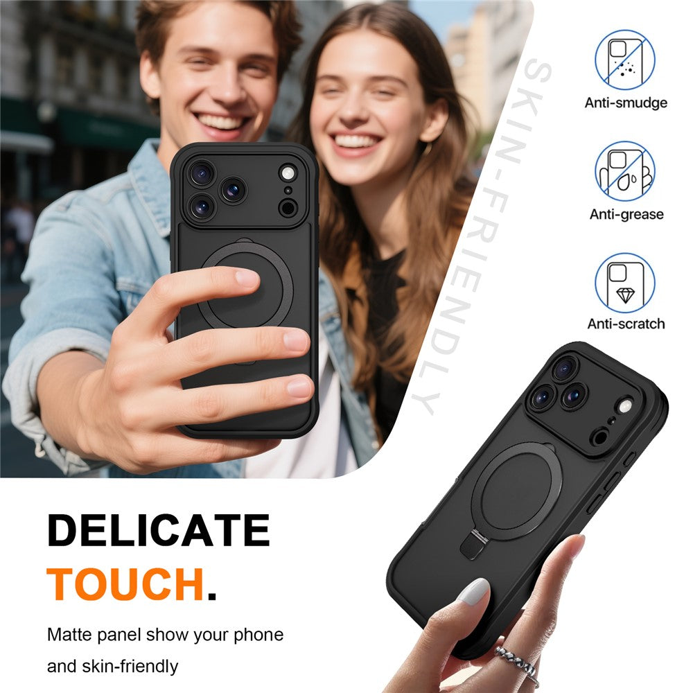 For iPhone 17 Pro Max Case Skin Touch Solid Color TPU + PC Phone Cover with Magnetic Kickstand - Black