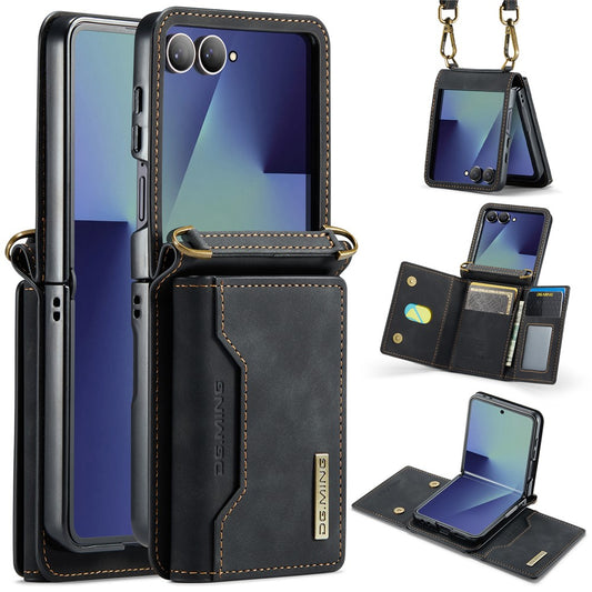 DG.MING M2 Series for Samsung	Galaxy Z Flip7 5G Case PU + PC Phone Cover with Detachable Card Bag / Should Strap - Black