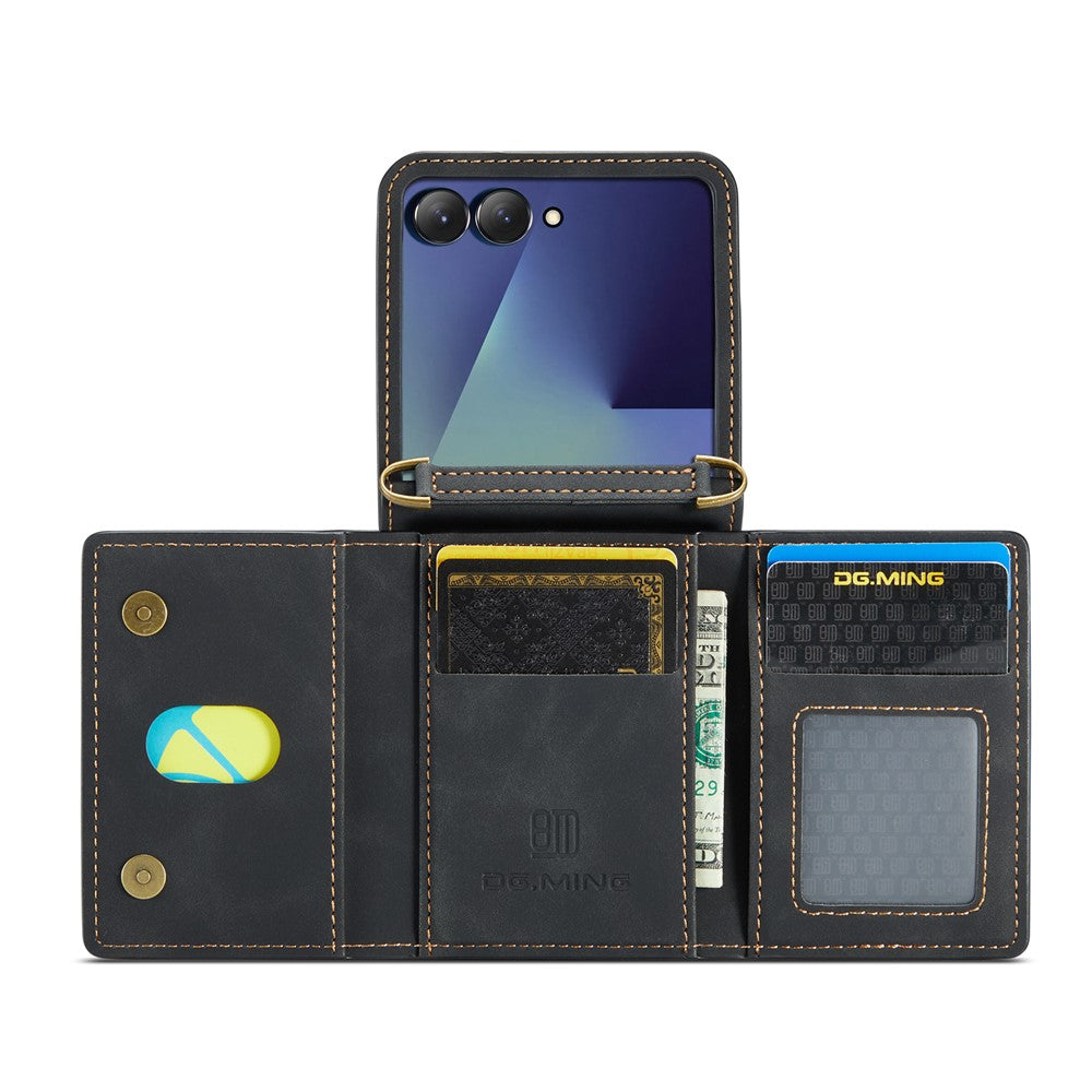 DG.MING M2 Series for Samsung	Galaxy Z Flip7 5G Case PU + PC Phone Cover with Detachable Card Bag / Should Strap - Black