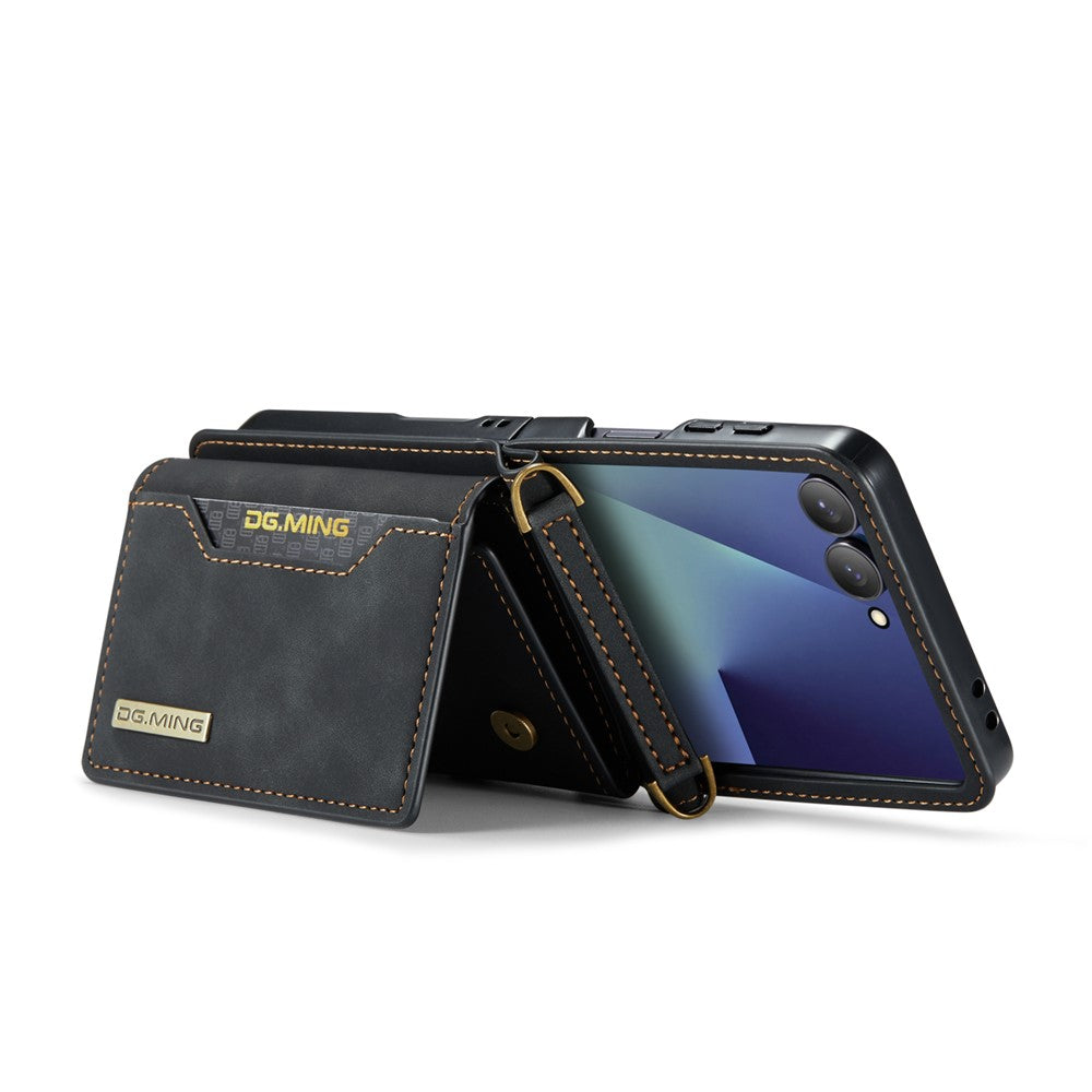DG.MING M2 Series for Samsung	Galaxy Z Flip7 5G Case PU + PC Phone Cover with Detachable Card Bag / Should Strap - Black
