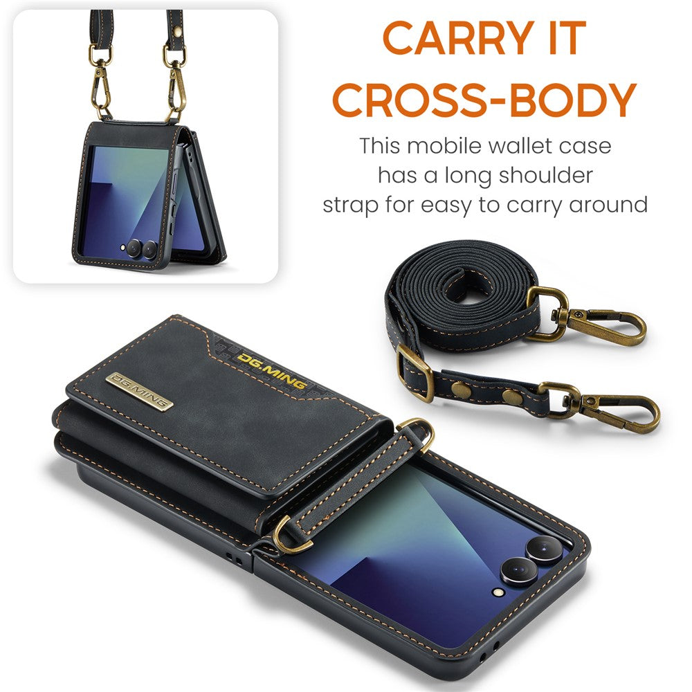 DG.MING M2 Series for Samsung	Galaxy Z Flip7 5G Case PU + PC Phone Cover with Detachable Card Bag / Should Strap - Black