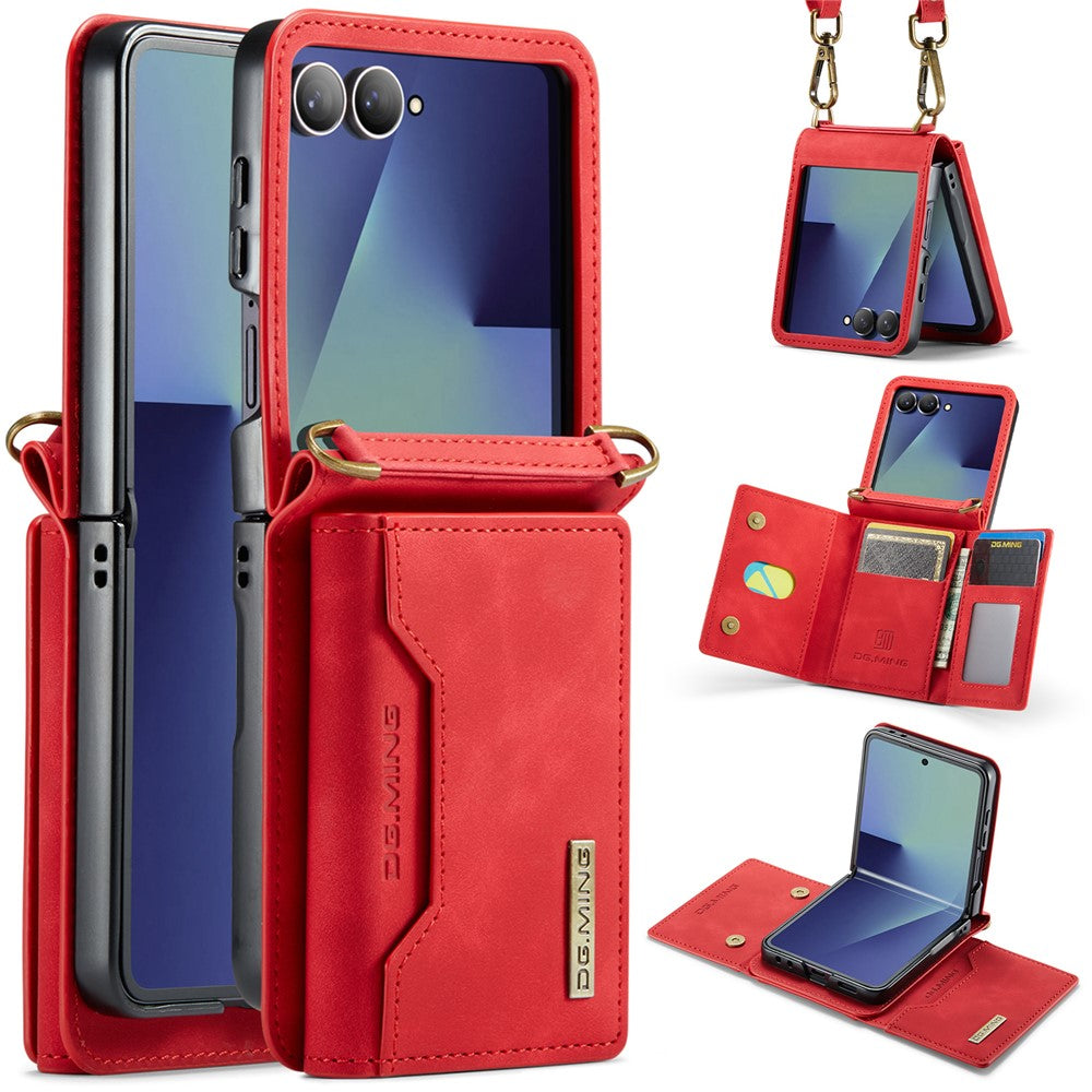 DG.MING M2 Series for Samsung	Galaxy Z Flip7 5G Case PU + PC Phone Cover with Detachable Card Bag / Should Strap - Red