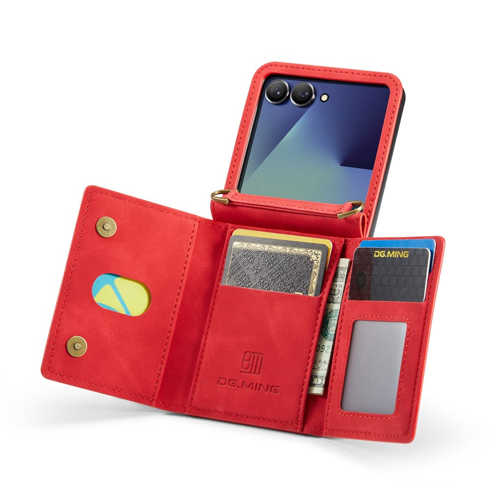 DG.MING M2 Series for Samsung	Galaxy Z Flip7 5G Case PU + PC Phone Cover with Detachable Card Bag / Should Strap - Red