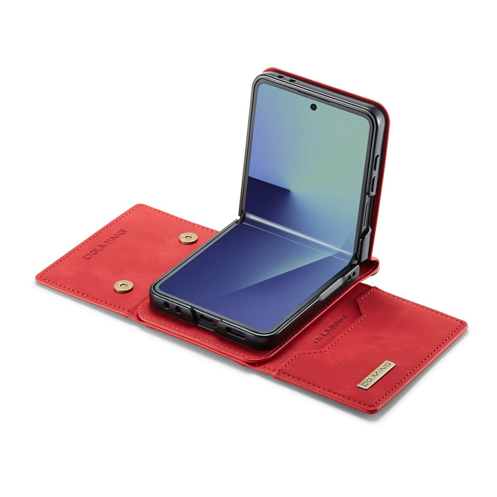 DG.MING M2 Series for Samsung	Galaxy Z Flip7 5G Case PU + PC Phone Cover with Detachable Card Bag / Should Strap - Red