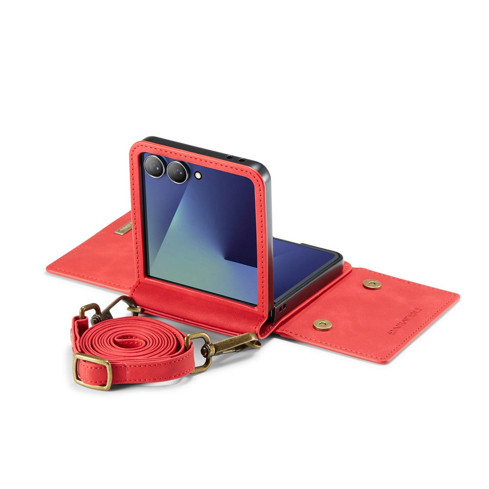DG.MING M2 Series for Samsung	Galaxy Z Flip7 5G Case PU + PC Phone Cover with Detachable Card Bag / Should Strap - Red