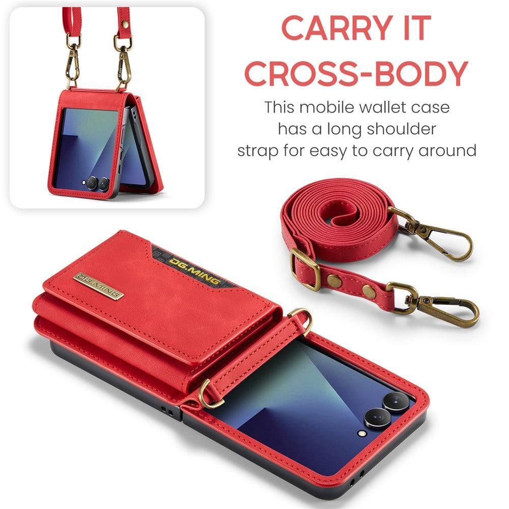 DG.MING M2 Series for Samsung	Galaxy Z Flip7 5G Case PU + PC Phone Cover with Detachable Card Bag / Should Strap - Red