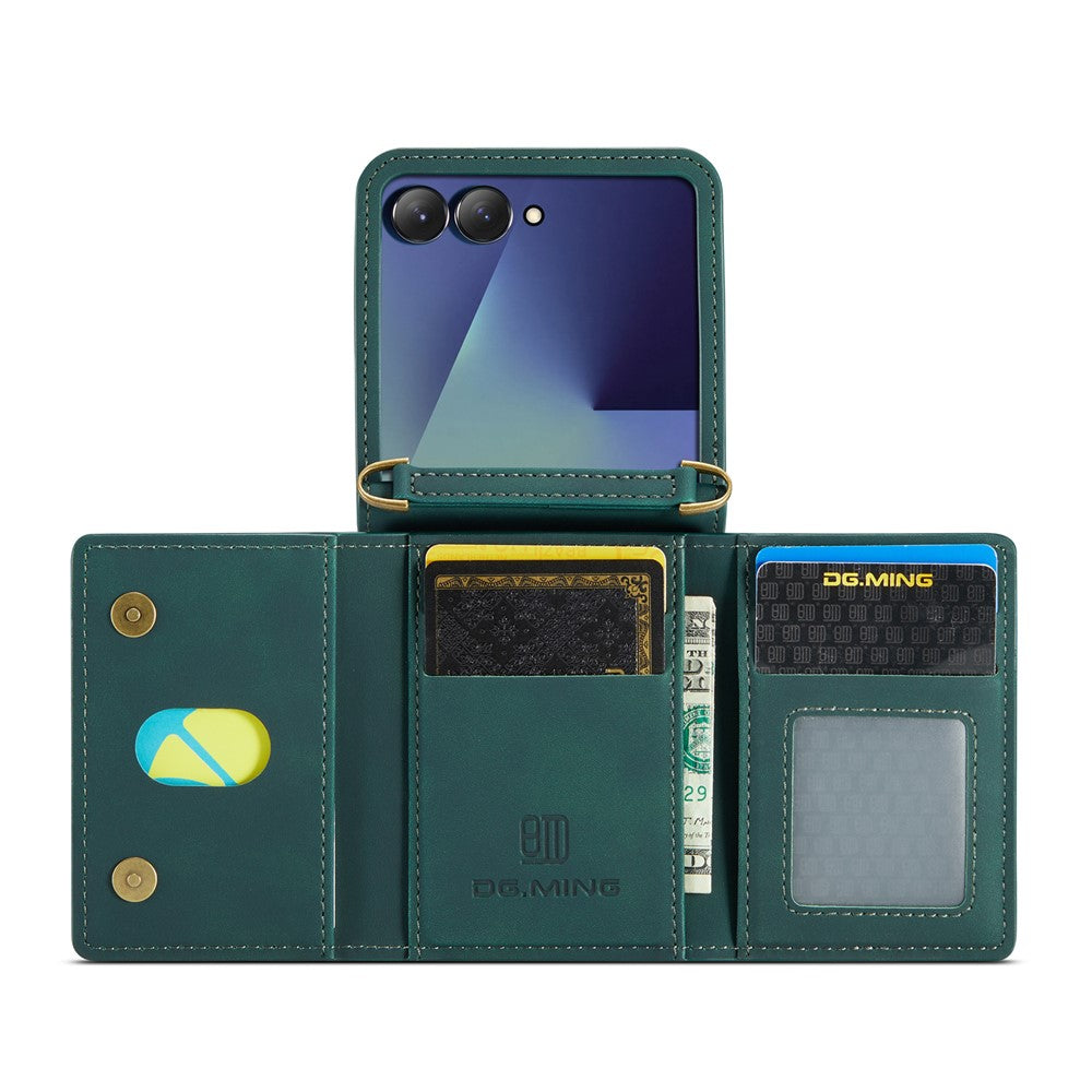 DG.MING M2 Series for Samsung	Galaxy Z Flip7 5G Case PU + PC Phone Cover with Detachable Card Bag / Should Strap - Green