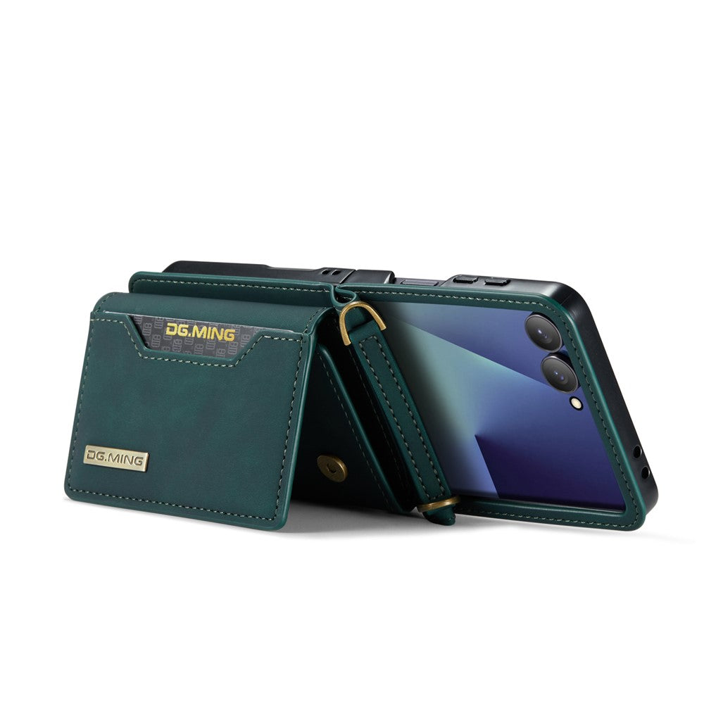 DG.MING M2 Series for Samsung	Galaxy Z Flip7 5G Case PU + PC Phone Cover with Detachable Card Bag / Should Strap - Green