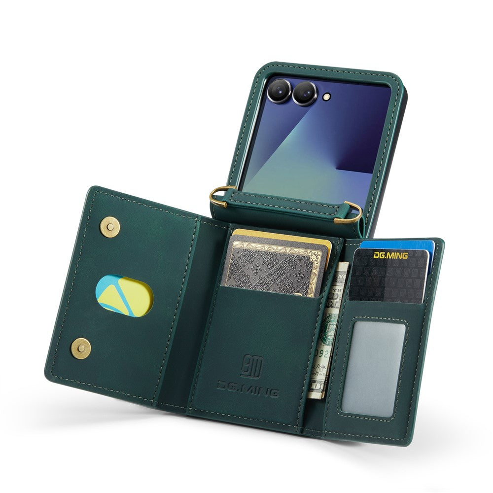 DG.MING M2 Series for Samsung	Galaxy Z Flip7 5G Case PU + PC Phone Cover with Detachable Card Bag / Should Strap - Green