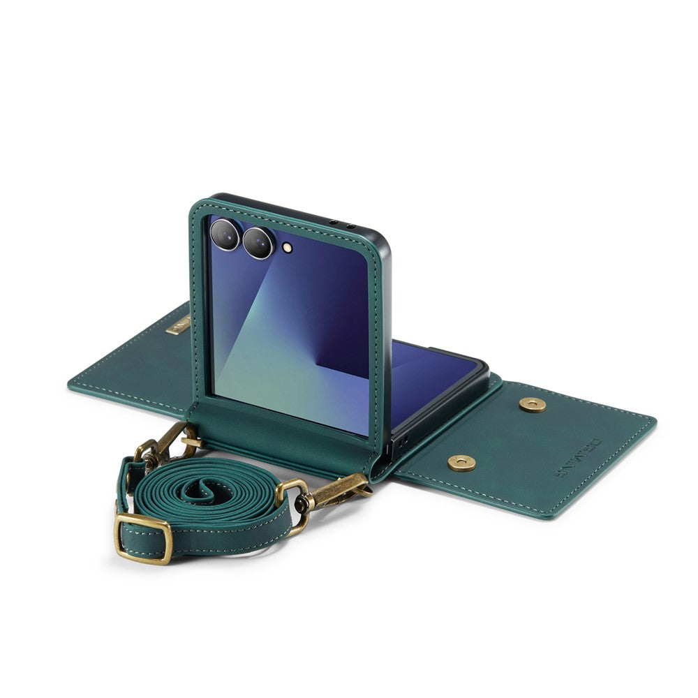DG.MING M2 Series for Samsung	Galaxy Z Flip7 5G Case PU + PC Phone Cover with Detachable Card Bag / Should Strap - Green
