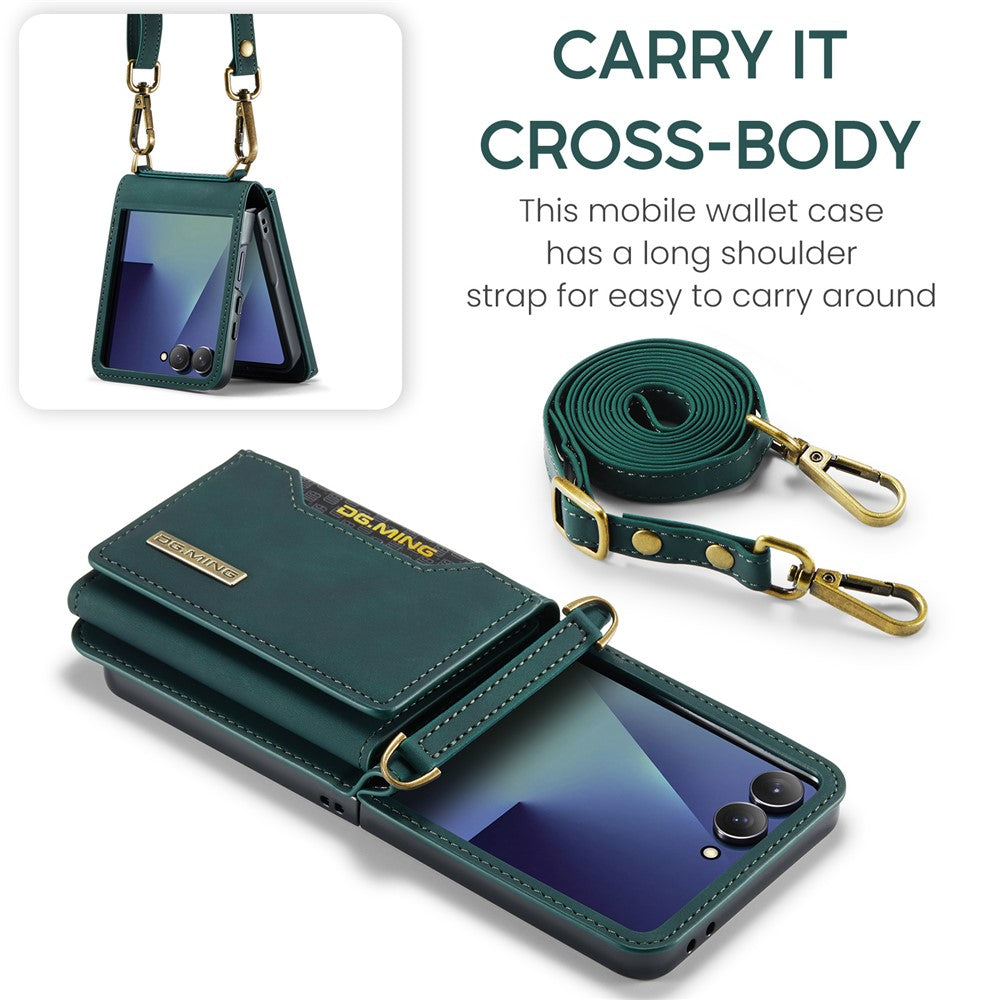 DG.MING M2 Series for Samsung	Galaxy Z Flip7 5G Case PU + PC Phone Cover with Detachable Card Bag / Should Strap - Green