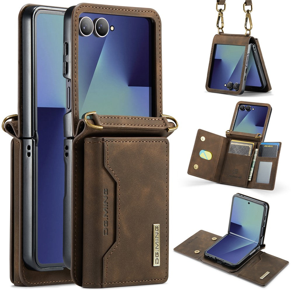 DG.MING M2 Series for Samsung	Galaxy Z Flip7 5G Case PU + PC Phone Cover with Detachable Card Bag / Should Strap - Coffee