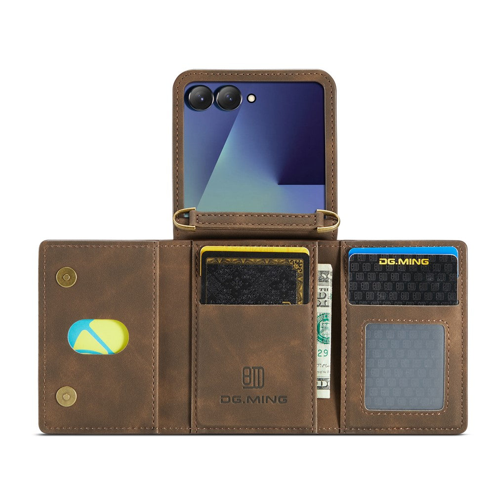 DG.MING M2 Series for Samsung	Galaxy Z Flip7 5G Case PU + PC Phone Cover with Detachable Card Bag / Should Strap - Coffee