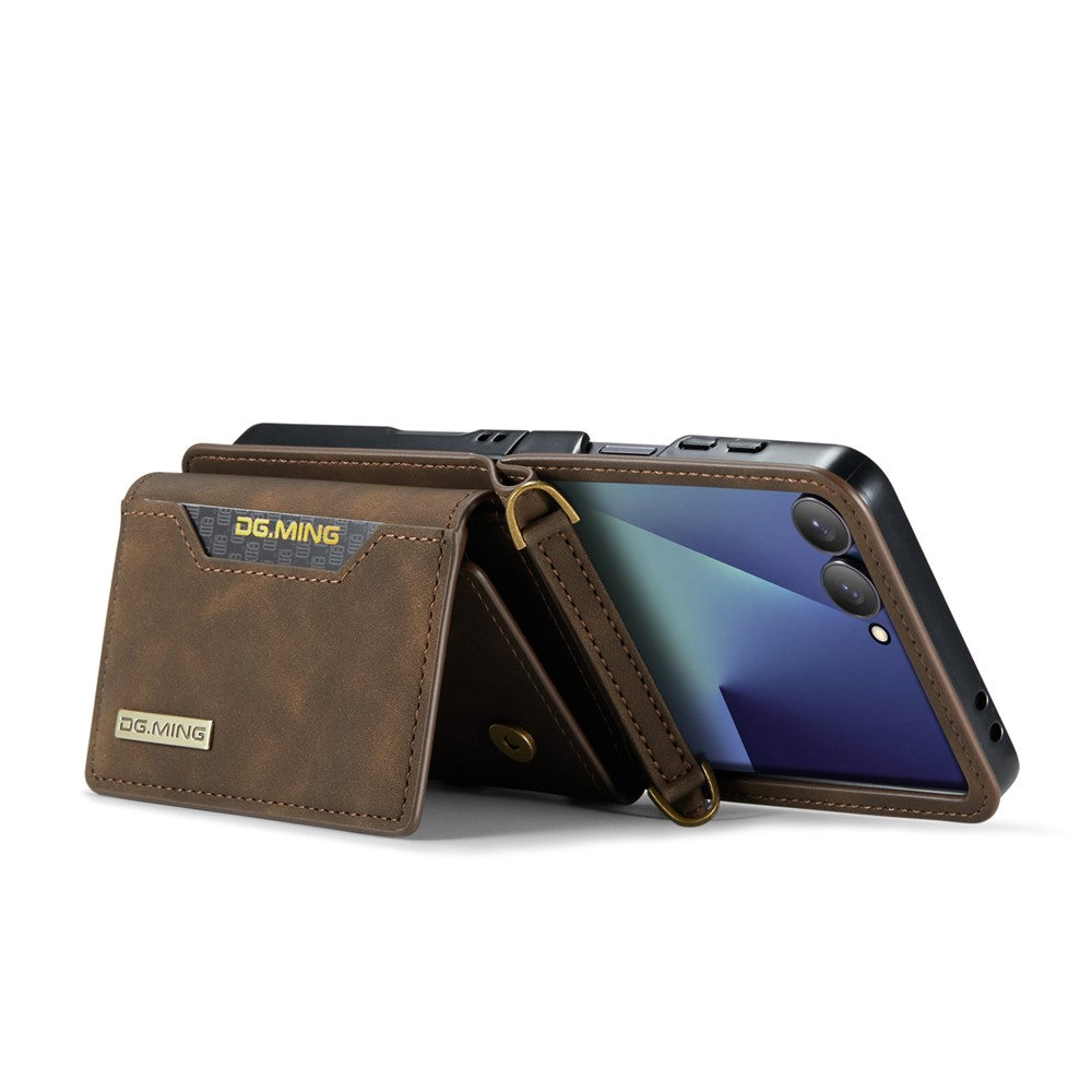 DG.MING M2 Series for Samsung	Galaxy Z Flip7 5G Case PU + PC Phone Cover with Detachable Card Bag / Should Strap - Coffee