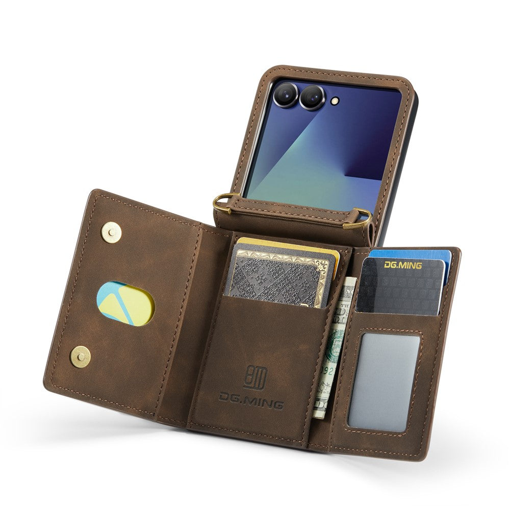 DG.MING M2 Series for Samsung	Galaxy Z Flip7 5G Case PU + PC Phone Cover with Detachable Card Bag / Should Strap - Coffee