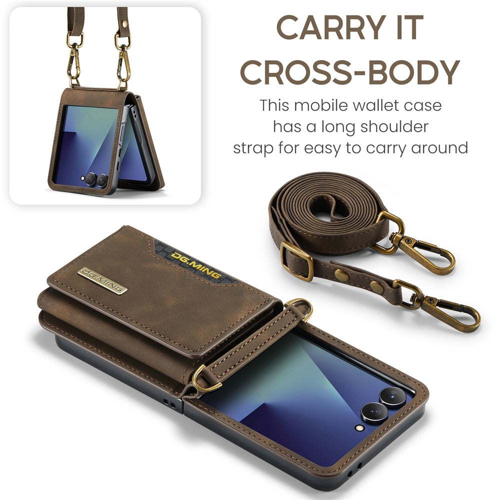 DG.MING M2 Series for Samsung	Galaxy Z Flip7 5G Case PU + PC Phone Cover with Detachable Card Bag / Should Strap - Coffee