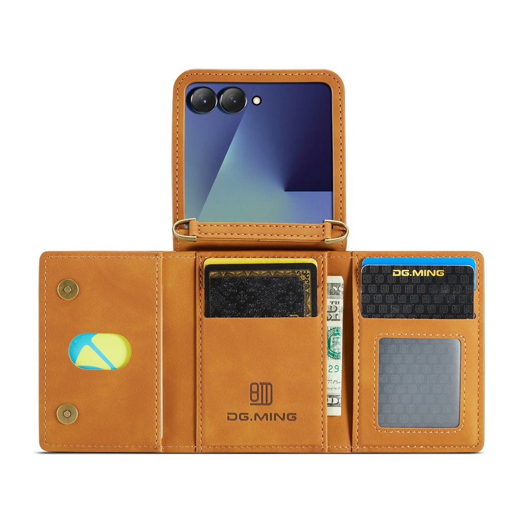 DG.MING M2 Series for Samsung	Galaxy Z Flip7 5G Case PU + PC Phone Cover with Detachable Card Bag / Should Strap - Brown