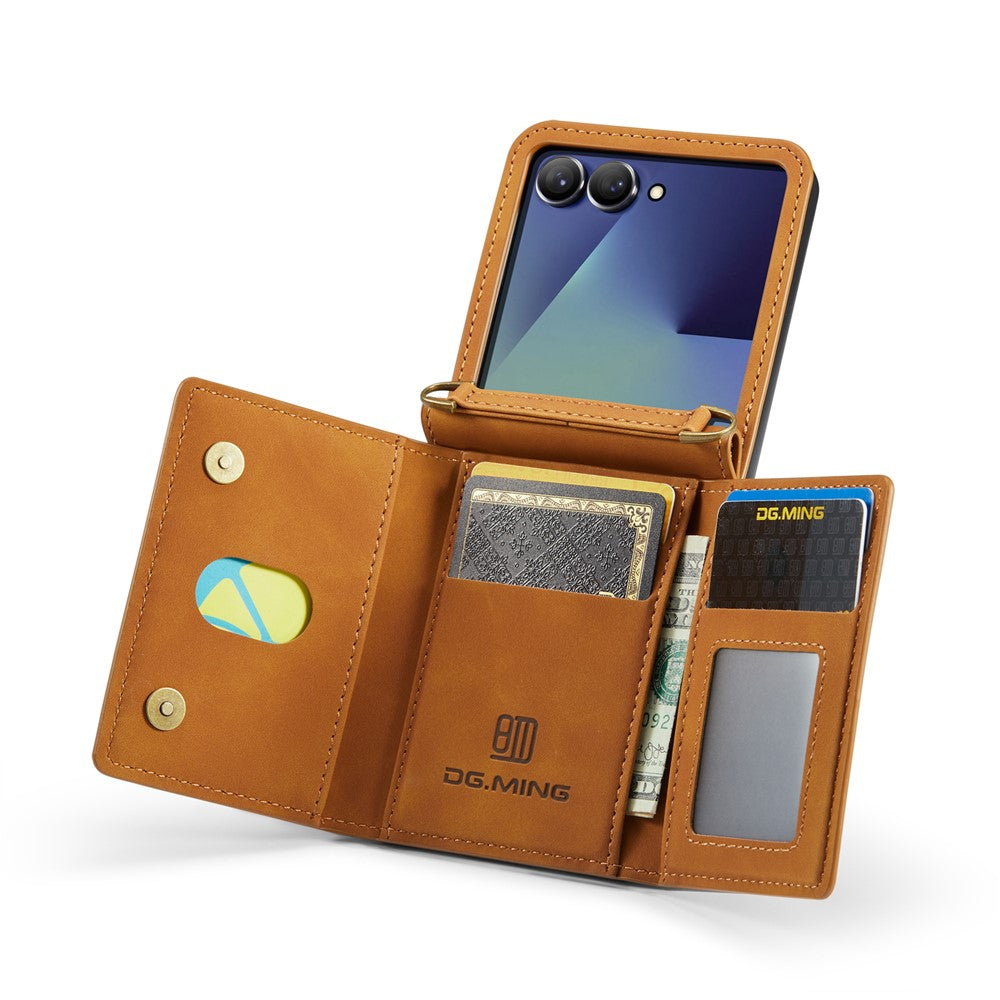 DG.MING M2 Series for Samsung	Galaxy Z Flip7 5G Case PU + PC Phone Cover with Detachable Card Bag / Should Strap - Brown