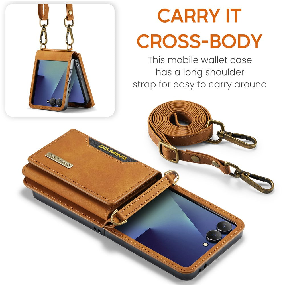 DG.MING M2 Series for Samsung	Galaxy Z Flip7 5G Case PU + PC Phone Cover with Detachable Card Bag / Should Strap - Brown