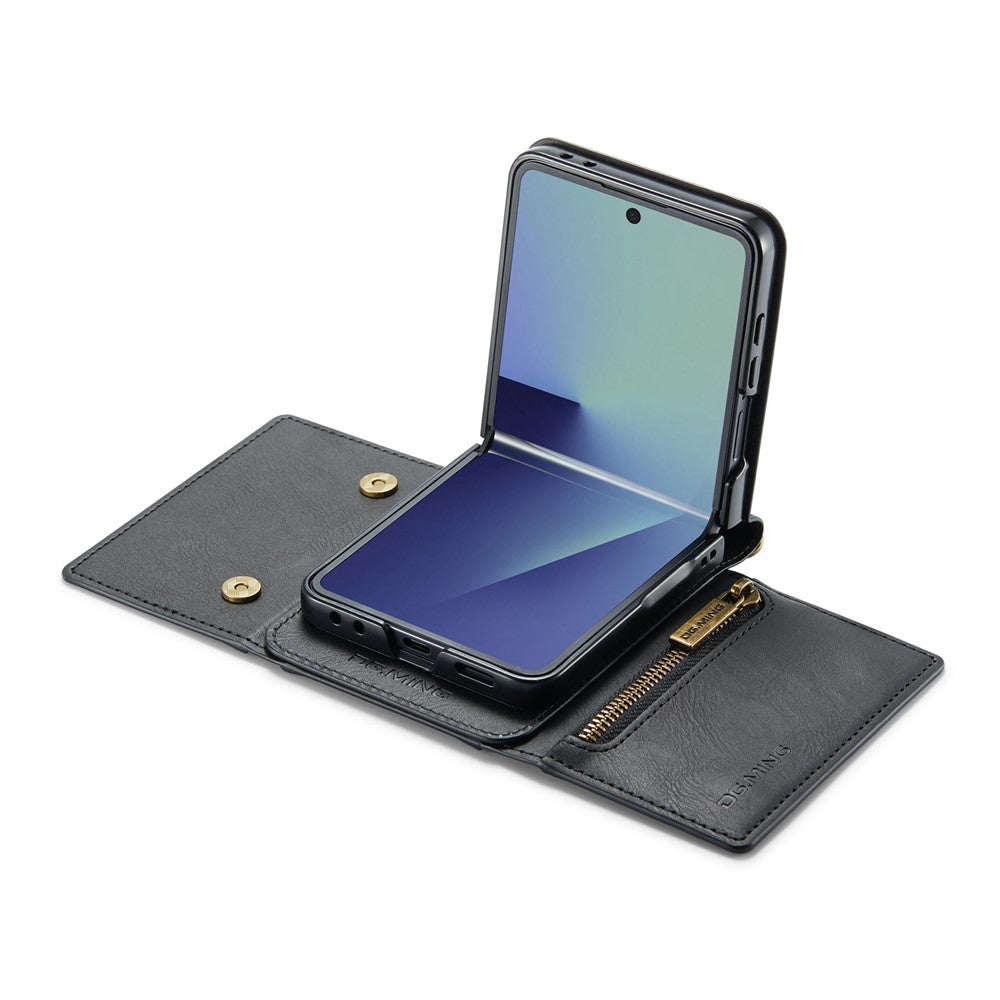 DG.MING M5 Series for Samsung Galaxy Z Flip7 5G Case RFID Blocking Card Slots Leather + PC Phone Cover - Black
