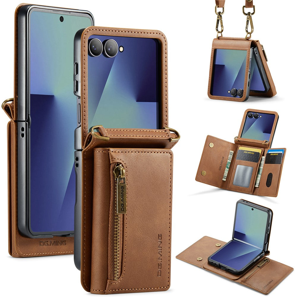 DG.MING M5 Series for Samsung Galaxy Z Flip7 5G Case RFID Blocking Card Slots Leather + PC Phone Cover - Brown