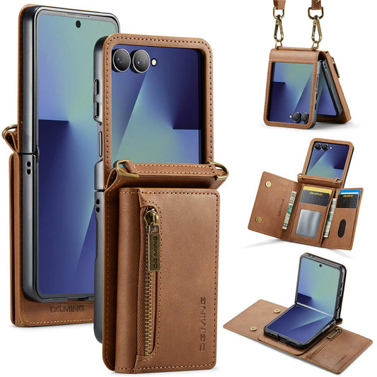 DG.MING M5 Series for Samsung Galaxy Z Flip7 5G Case RFID Blocking Card Slots Leather + PC Phone Cover - Brown