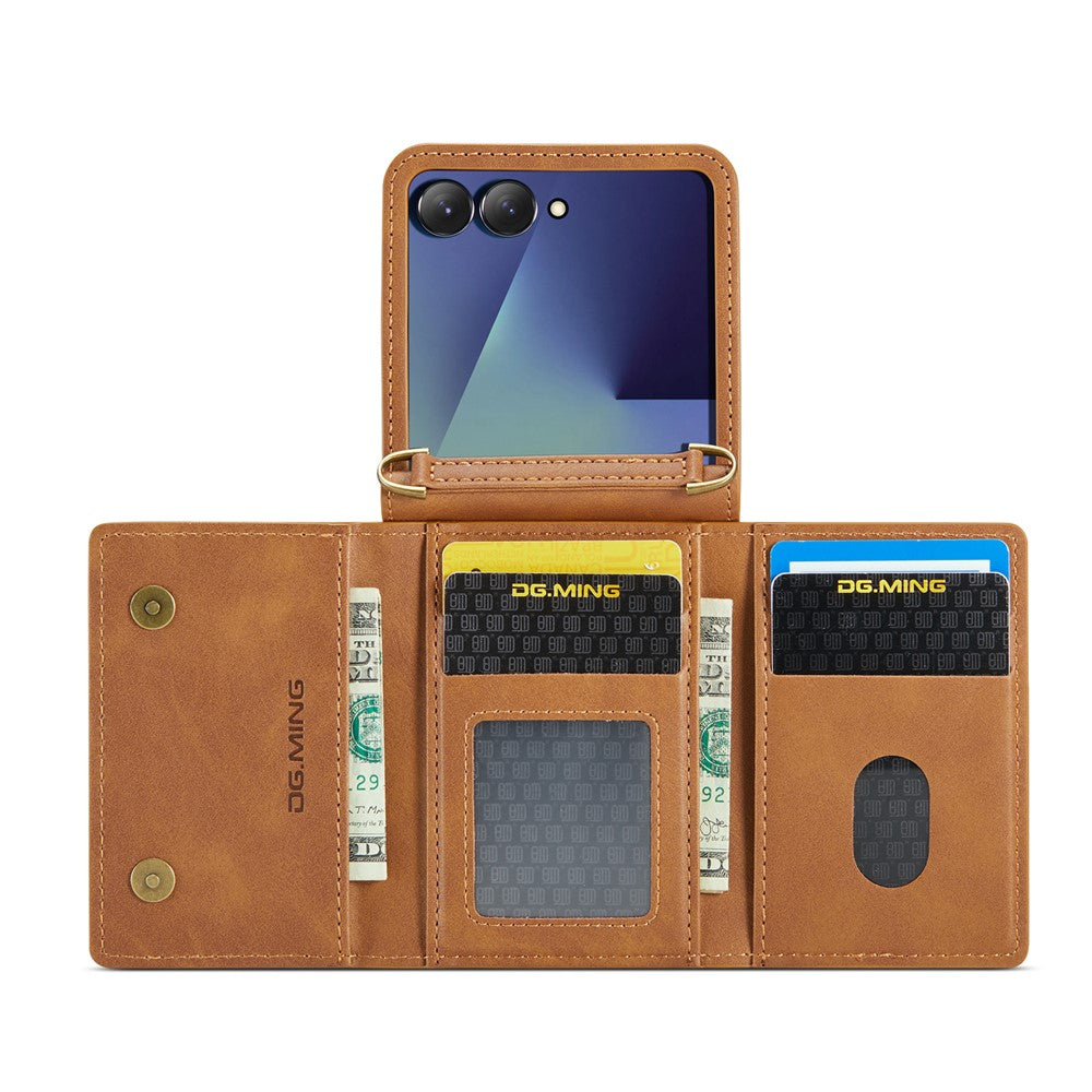 DG.MING M5 Series for Samsung Galaxy Z Flip7 5G Case RFID Blocking Card Slots Leather + PC Phone Cover - Brown