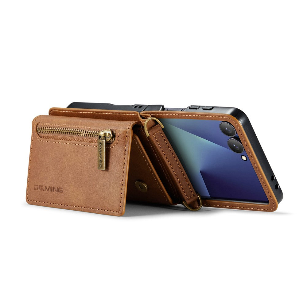 DG.MING M5 Series for Samsung Galaxy Z Flip7 5G Case RFID Blocking Card Slots Leather + PC Phone Cover - Brown