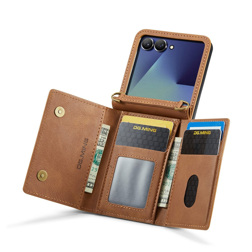 DG.MING M5 Series for Samsung Galaxy Z Flip7 5G Case RFID Blocking Card Slots Leather + PC Phone Cover - Brown