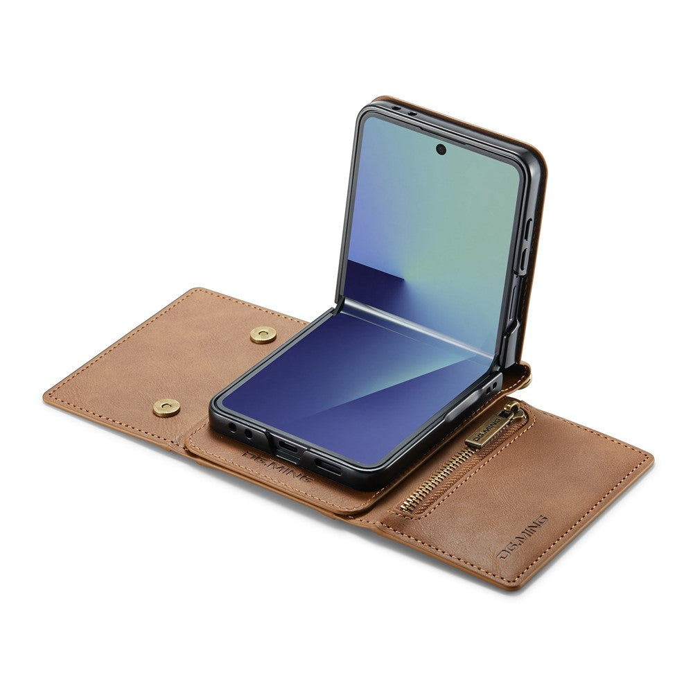 DG.MING M5 Series for Samsung Galaxy Z Flip7 5G Case RFID Blocking Card Slots Leather + PC Phone Cover - Brown