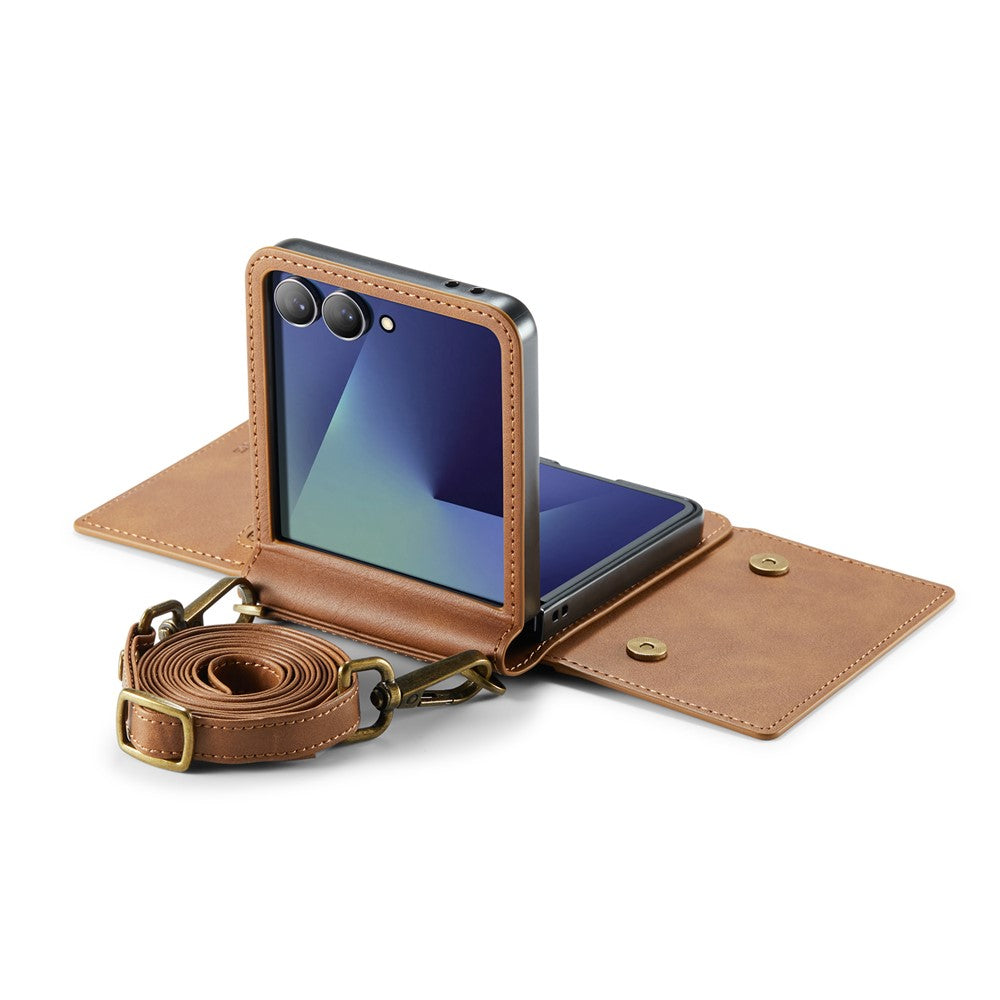 DG.MING M5 Series for Samsung Galaxy Z Flip7 5G Case RFID Blocking Card Slots Leather + PC Phone Cover - Brown