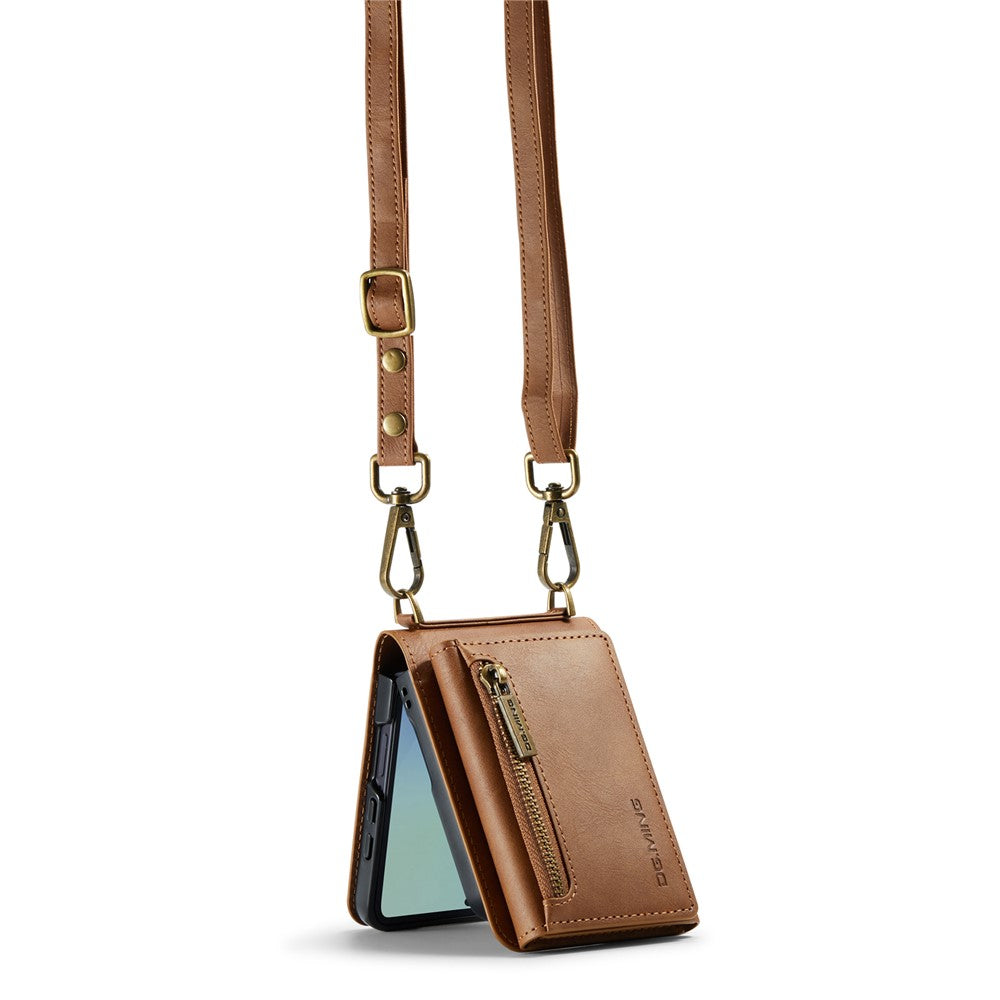 DG.MING M5 Series for Samsung Galaxy Z Flip7 5G Case RFID Blocking Card Slots Leather + PC Phone Cover - Brown