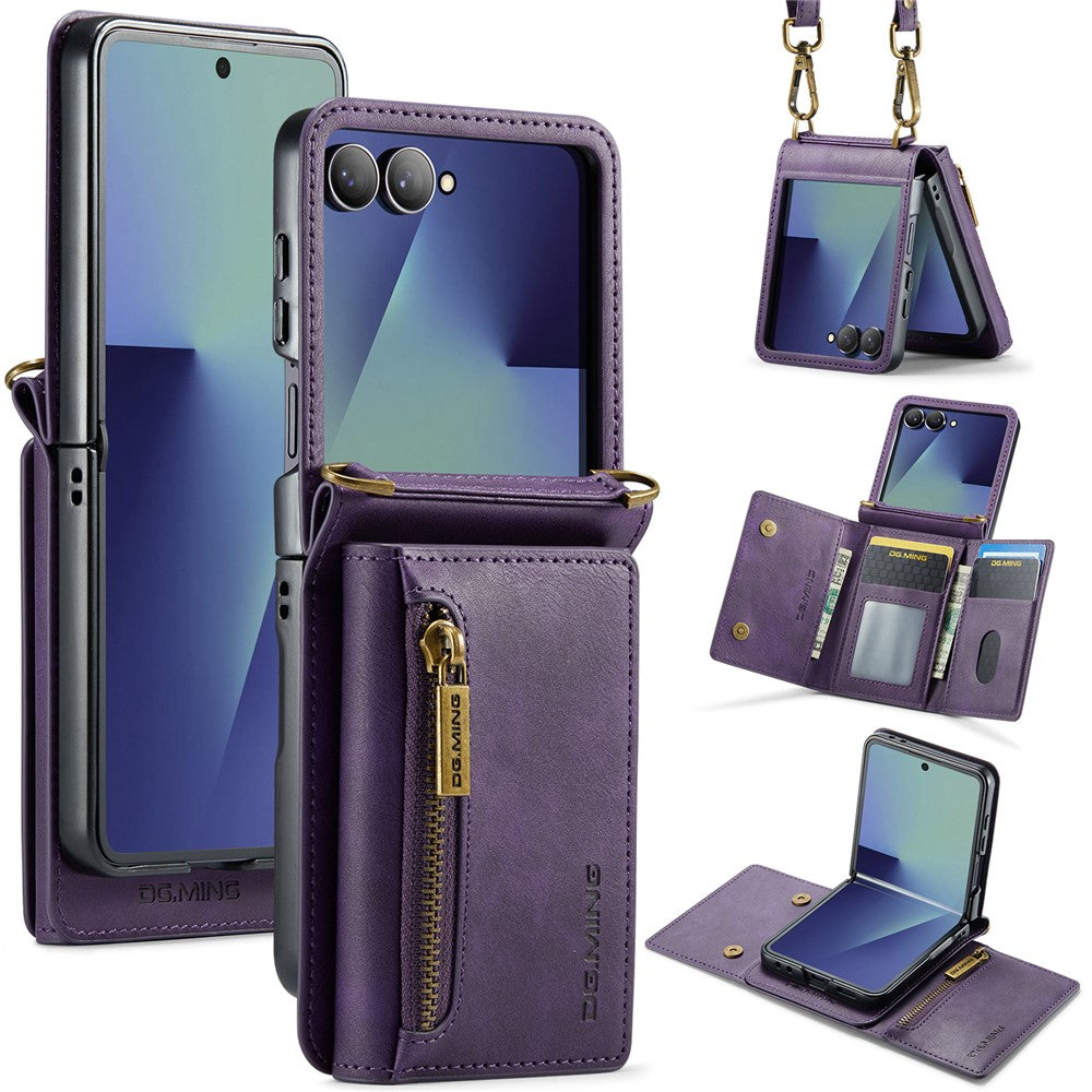 DG.MING M5 Series for Samsung Galaxy Z Flip7 5G Case RFID Blocking Card Slots Leather + PC Phone Cover - Purple